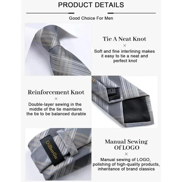 🆕Men Grey Plaid Silk Checkered Necktie Pocket Square Cufflinks Tie Clip Set